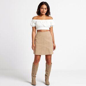 Vtg Mitsu Whipstitch Natural Tan Suede A-Line Skirt Boho Indie Party Western